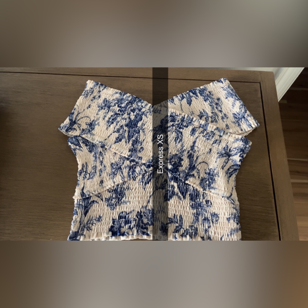 Express Navy and Cream Textured off the shoulder top